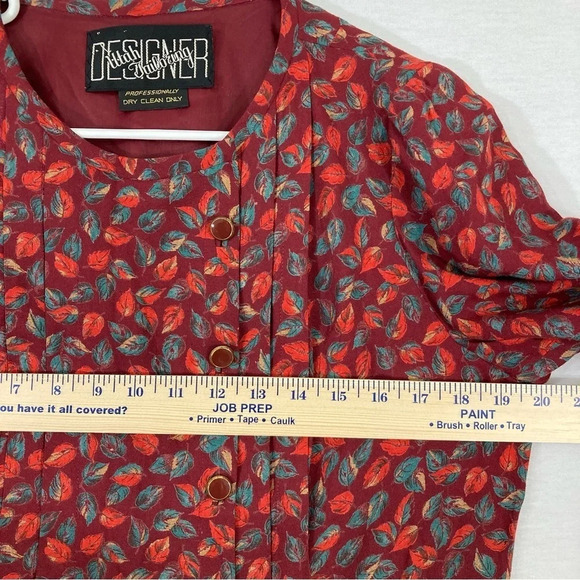 Vintage Red Burgundy Leaf Print Midi Dress size Large - Picture 7 of 9